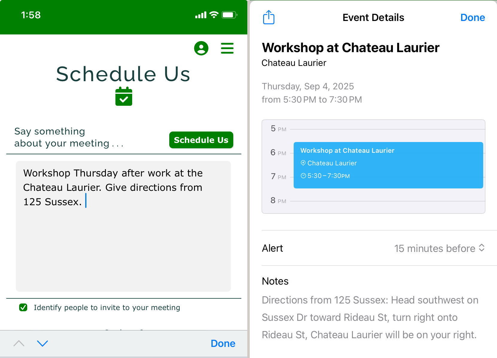 Screenshots showing input that includes a request for directions and the resulting iOS pane for adding a calendar event
