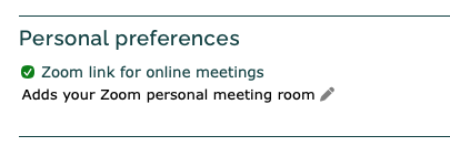 Screenshot of a Personal Preferences with a setting for Zoom calls